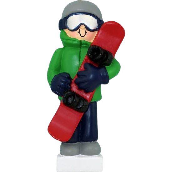 Male snowboarder figurine ornament dressed in green jacket holding red snowboard for Christmas Ornaments & Tree Decorations collection