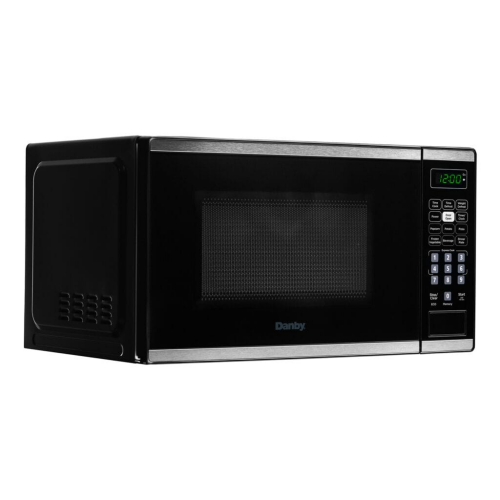 Black countertop microwave with digital keypad, LED clock display, and stainless steel trim for kitchen appliances collections