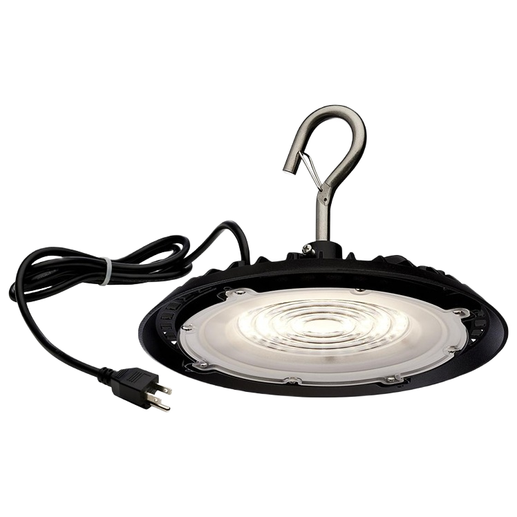 Black circular shop light with cool white LED illumination and plug, suitable for electrical and home improvement use