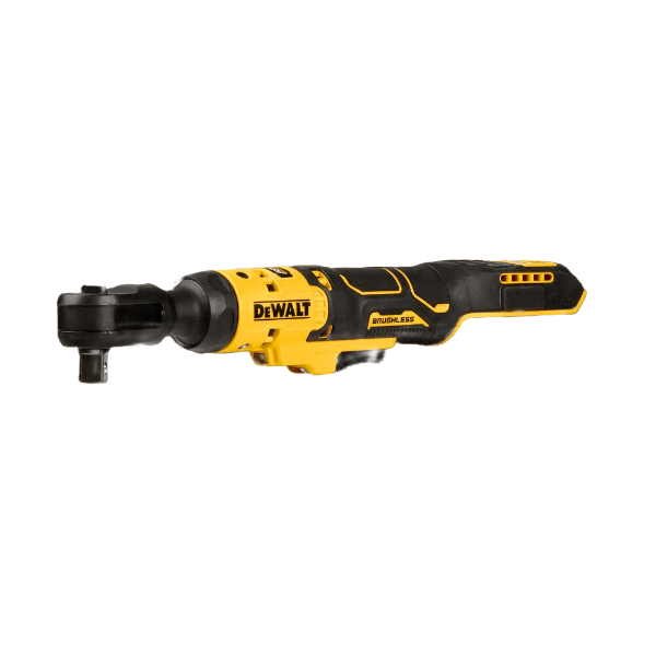 Cordless brushless ratchet tool in yellow and black designed for efficient fastening in home improvement projects
