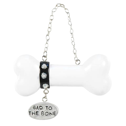 White bone-shaped ornament with black rhinestone collar and "Bad to the Bone" metal tag Christmas decoration under 50 dollars