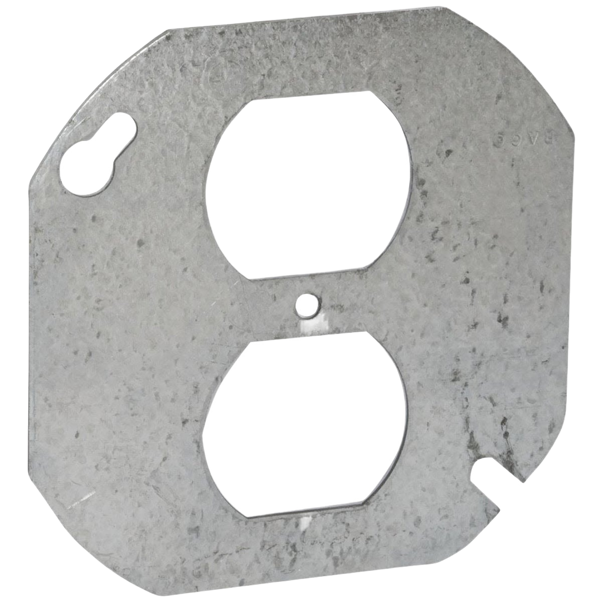 Gray metal round box cover with duplex outlet opening for electrical boxes and home improvement projects