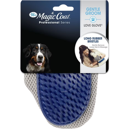 Blue grooming mitt with long rubber bristles for gentle pet hair removal and massage in home care routines