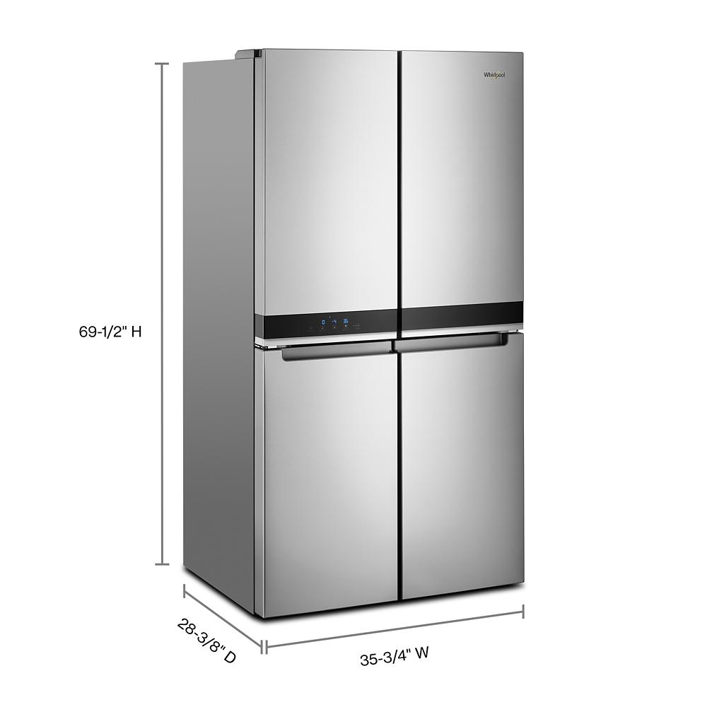 36-inch wide counter depth 4 door stainless steel refrigerator with digital control panel in kitchen appliances collection