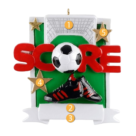 Holiday soccer ornament with goal, cleats, soccer ball, and red "Score" lettering with gold star accents