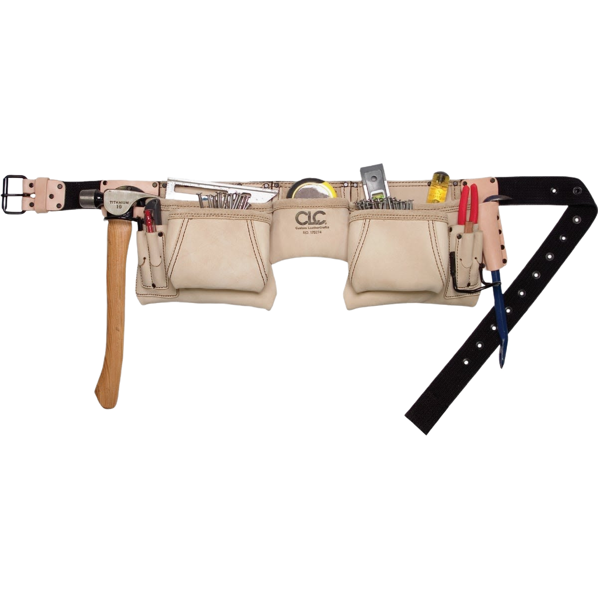 Heavy-duty leather carpenter apron with multiple pockets and tools for woodworking and home improvement tasks