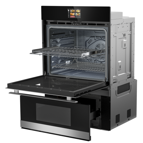 Open modern stainless steel wall oven with convection fan, dual racks, and digital control panel from kitchen appliances collection