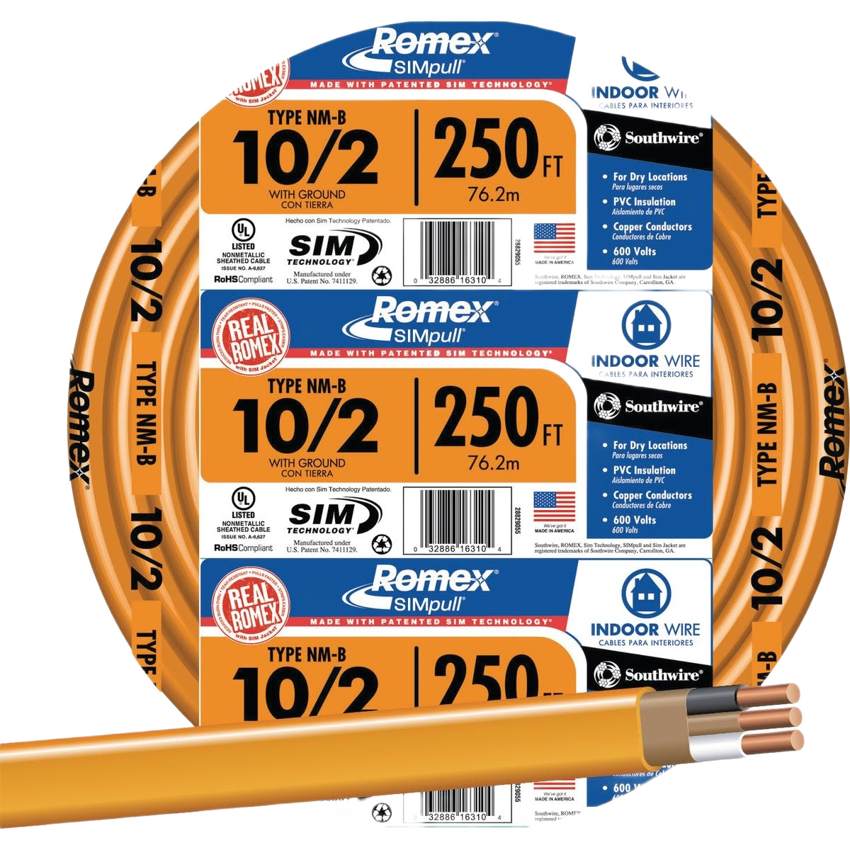 Orange Romex electrical wire spool with 250 feet of 10-2 gauge solid copper conductors for home improvement projects