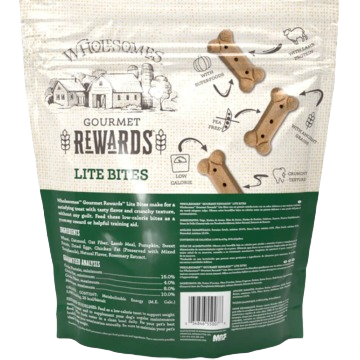Back of Wholesomes Gourmet Reward Lite Bites 3 lb. dog treat bag with nutrition and ingredient details in pet supplies collection