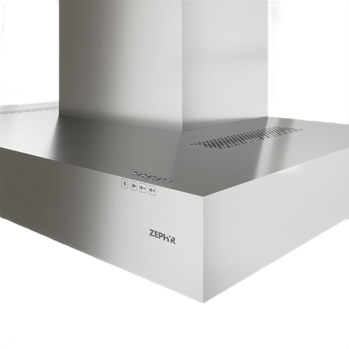 Stainless steel wall mounted range hood with Bluetooth speaker controls and vent grille from kitchen appliances collection