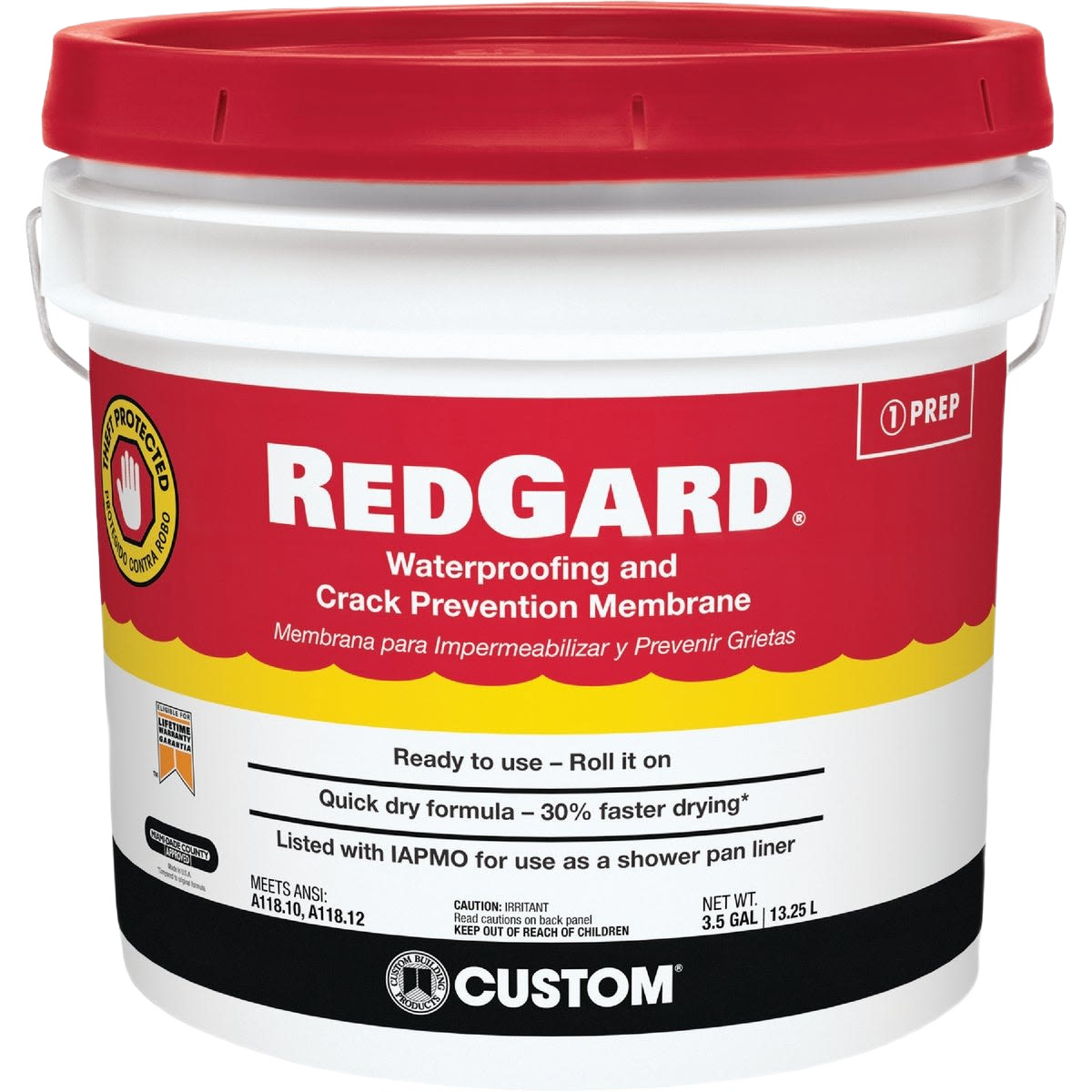 White and red bucket container of elastomeric waterproofing membrane for home improvement use