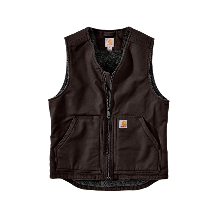 Dark brown washed duck vest with cozy sherpa lining, zip front, and dual handwarmer pockets, part of Men’s Outerwear and Vests at Hartville Hardware.