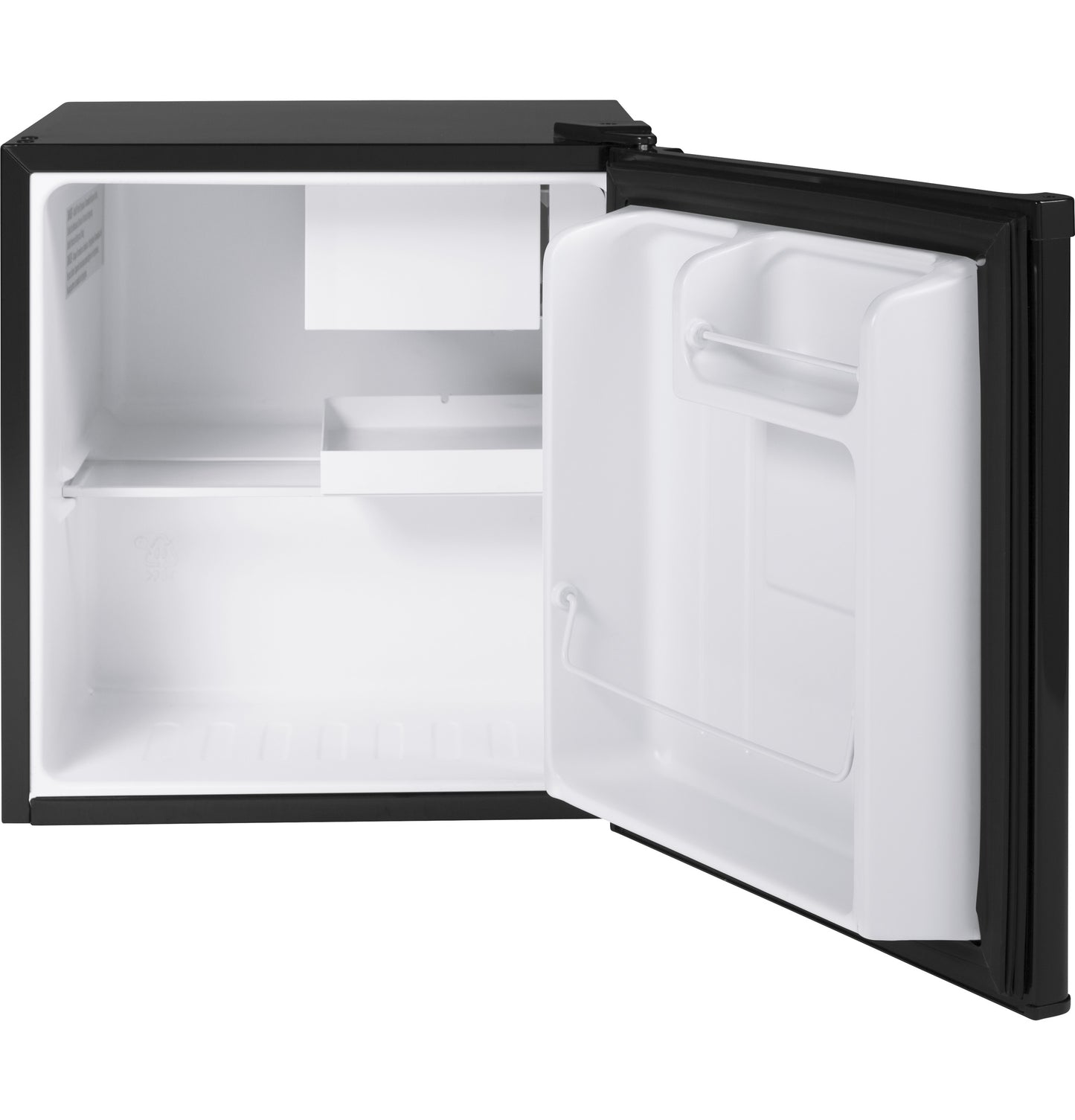 Open black compact mini refrigerator with clean white interior and shelf in appliances and kitchenware collection
