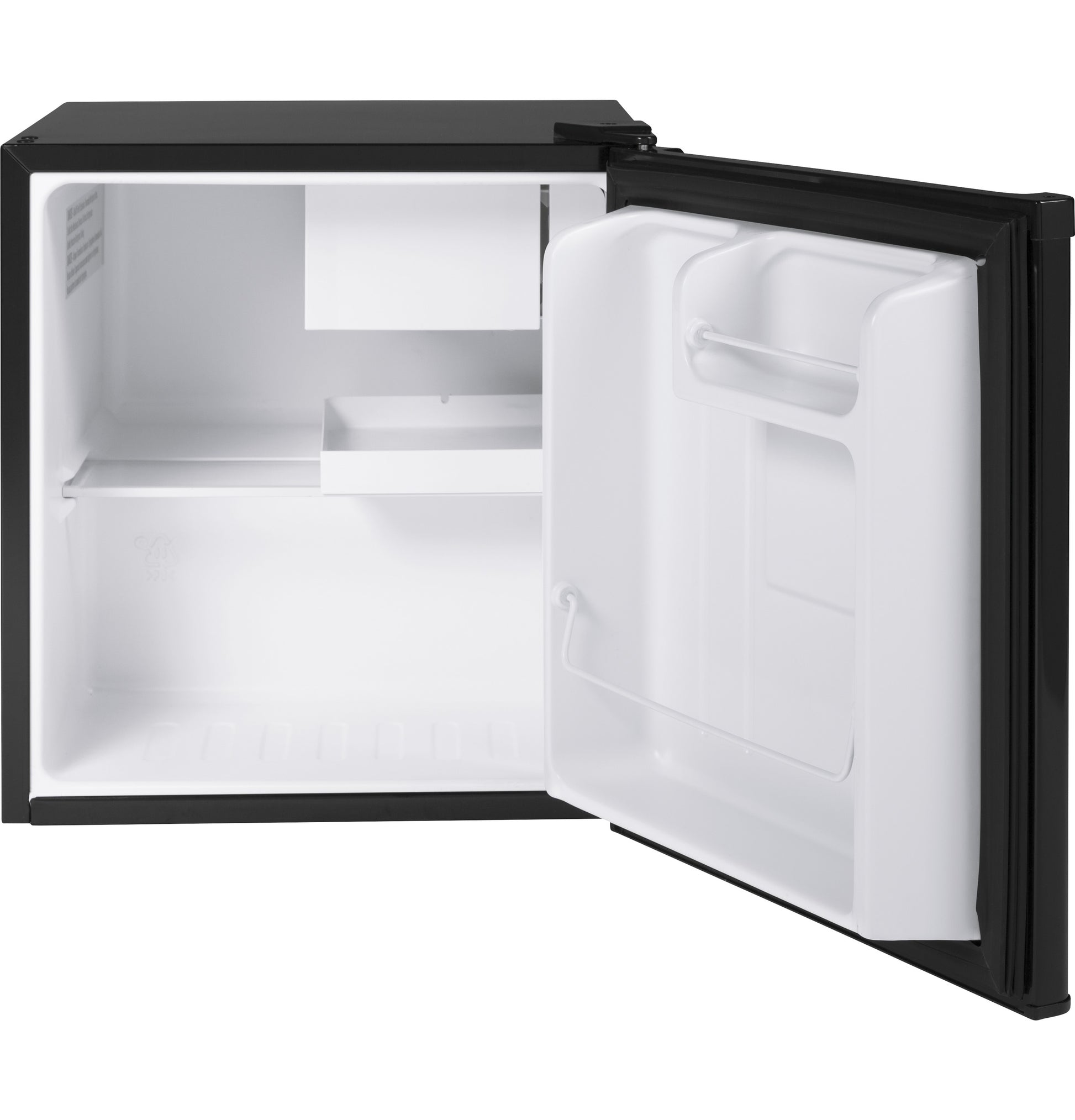 Open black compact mini refrigerator with clean white interior and shelf in appliances and kitchenware collection