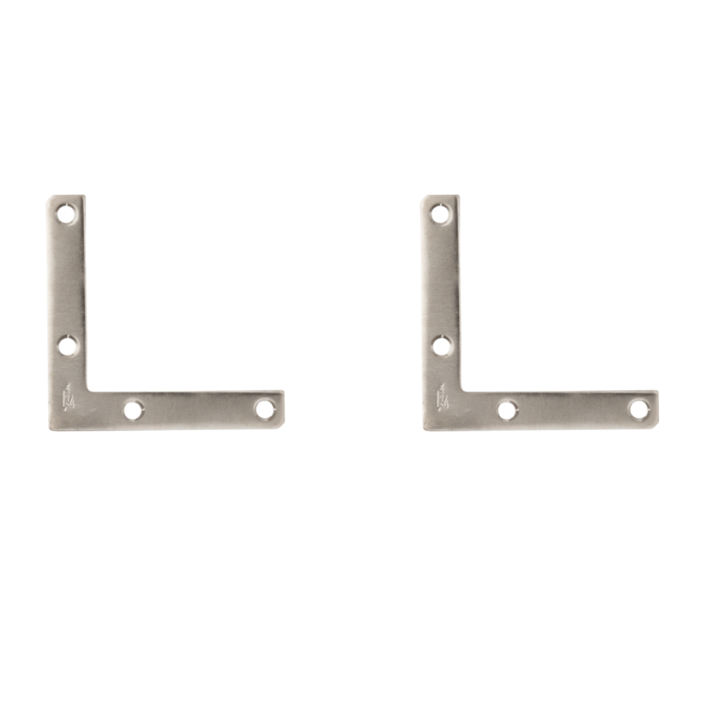 Two stainless steel flat corner braces with pre-drilled holes for reinforcement in building hardware and lumber materials collections