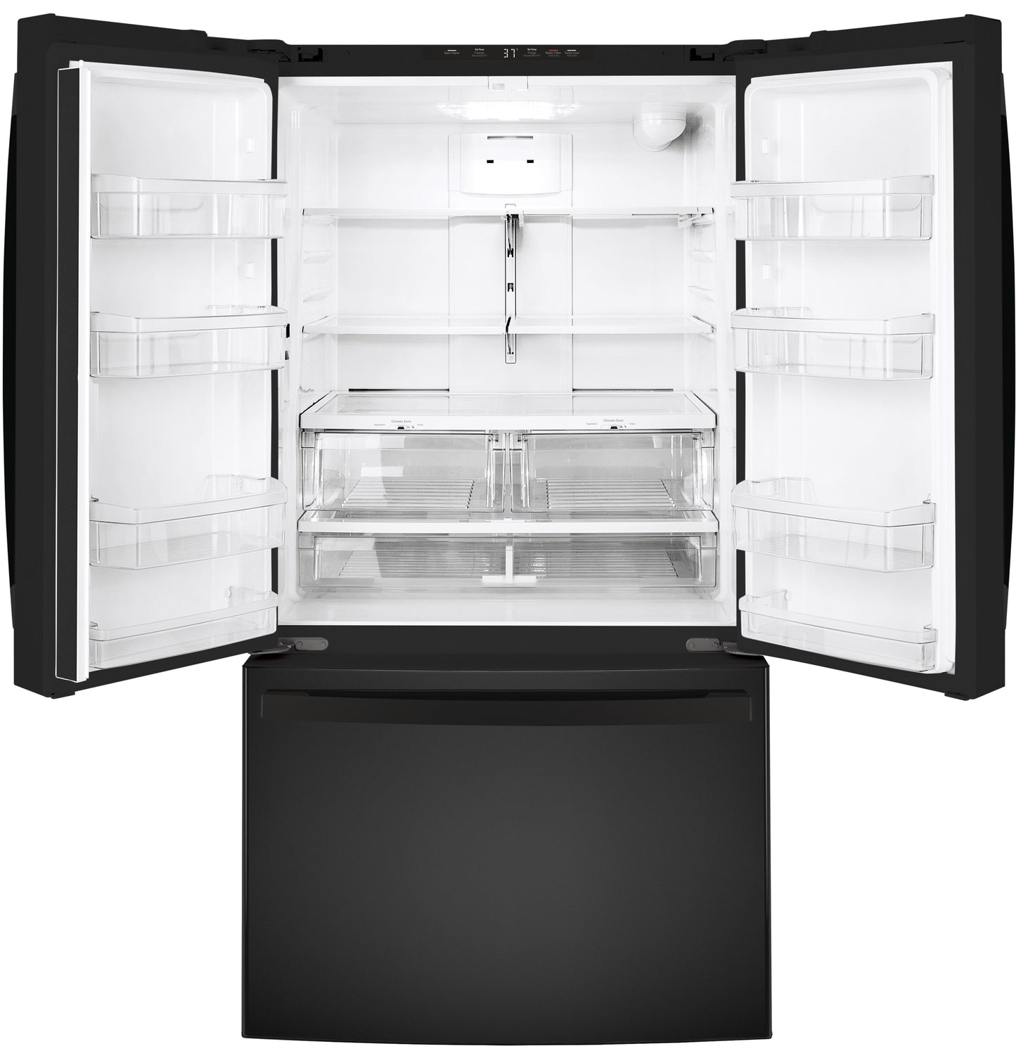 Black French-door refrigerator open to show spacious interior shelving, clear drawers, and bottom freezer in appliances collection