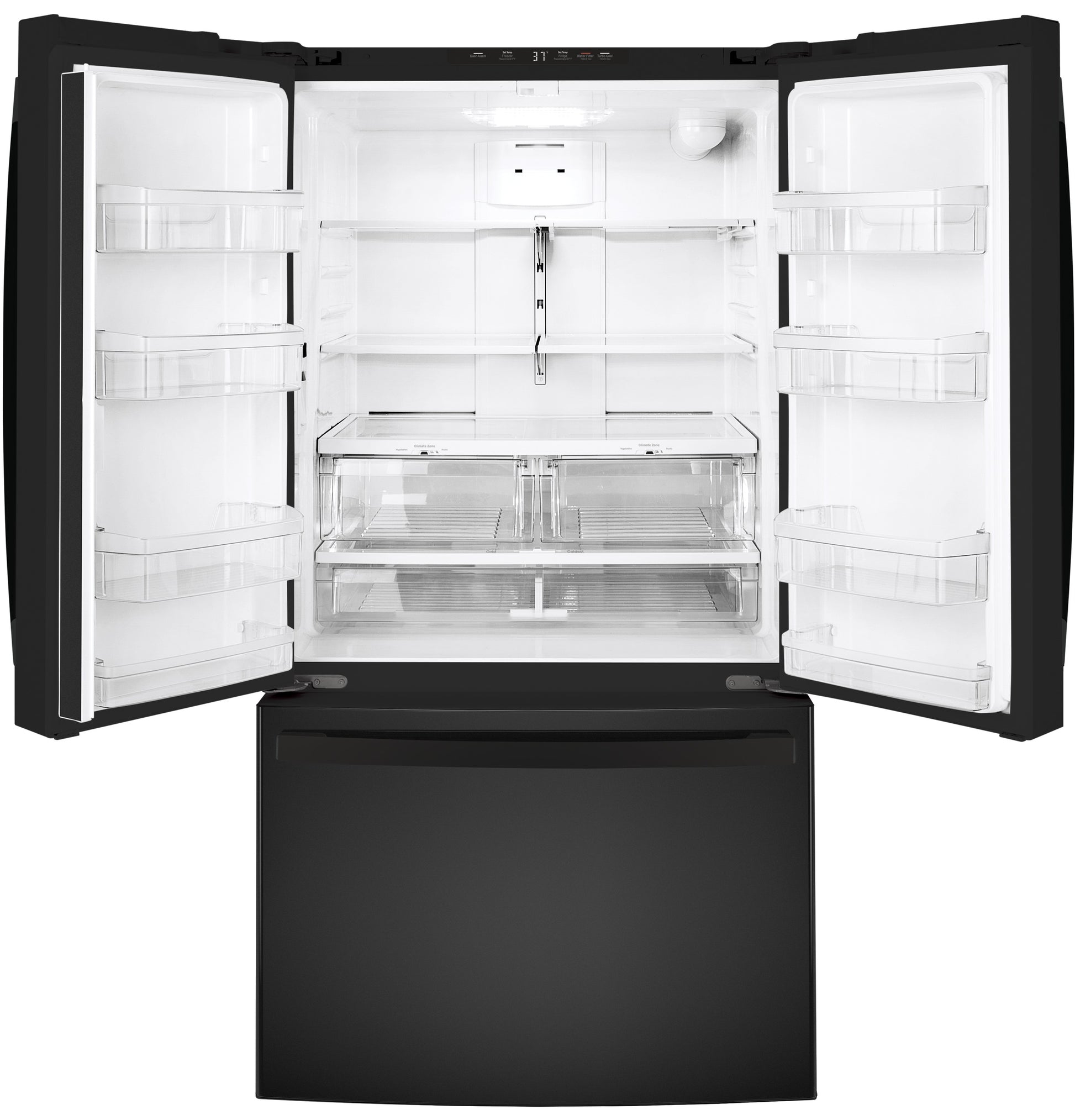 Black French-door refrigerator open to show spacious interior shelving, clear drawers, and bottom freezer in appliances collection
