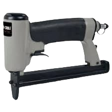Compact pneumatic upholstery stapler with ergonomic black grip and bottom-load magazine, ideal for woodworking and fastening tasks in rental tools at Hartville Hardware.