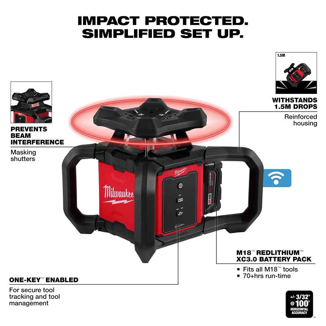 Compact red and black rotary laser level with reinforced housing, masking shutters, and long-lasting battery for home improvement tasks