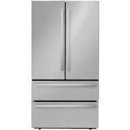 Brushed stainless steel counter-depth 4-door refrigerator with dual lower drawers in kitchen appliances collection