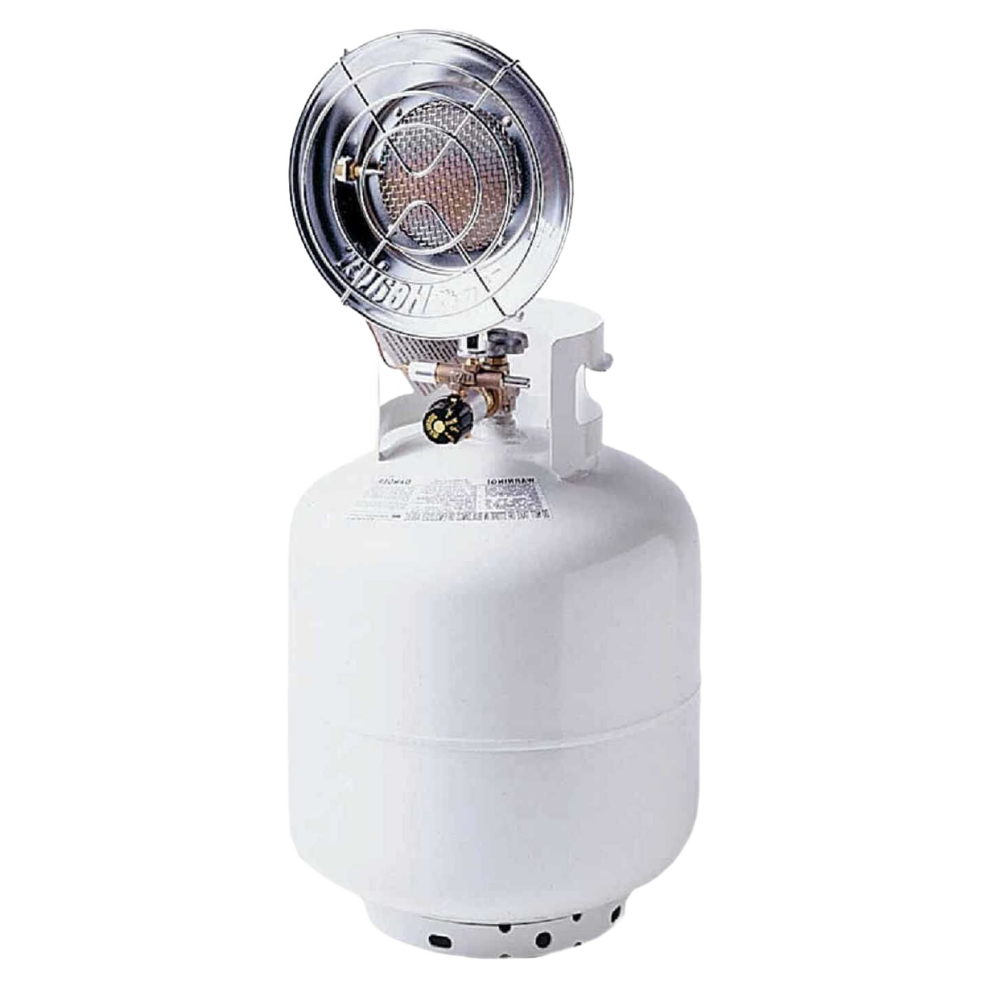 Compact radiant propane heater with protective metal grill and adjustable control valve for outdoor heating under $100