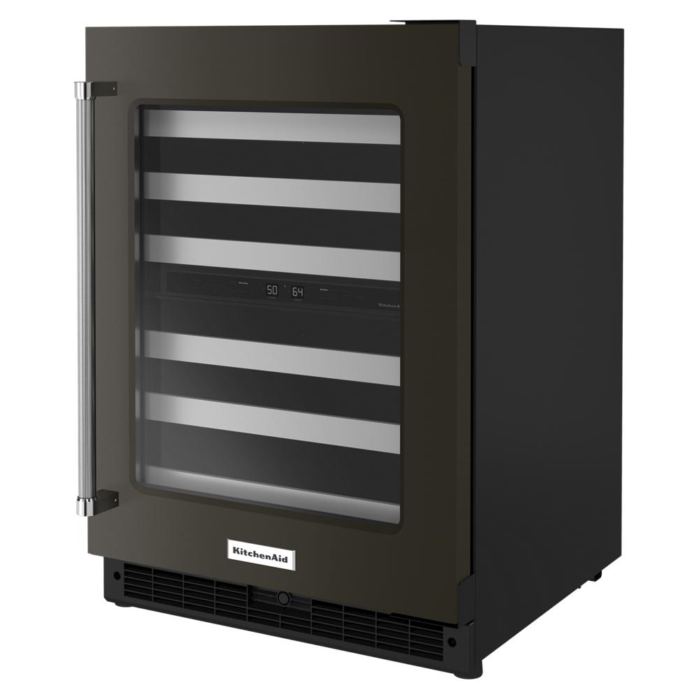 24" undercounter wine cellar with glass door, metal-front racks, and dual temperature zones in KitchenAid appliances collection