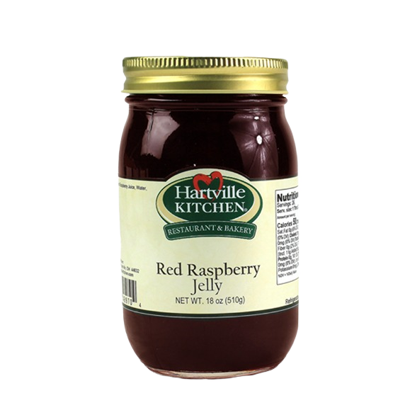 18 oz. jar of Hartville Kitchen red raspberry jelly in glass container for jams and jellies collection