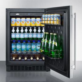 Jet black 24-inch wide outdoor refrigerator stocked with beverages in appliances and kitchenware collections