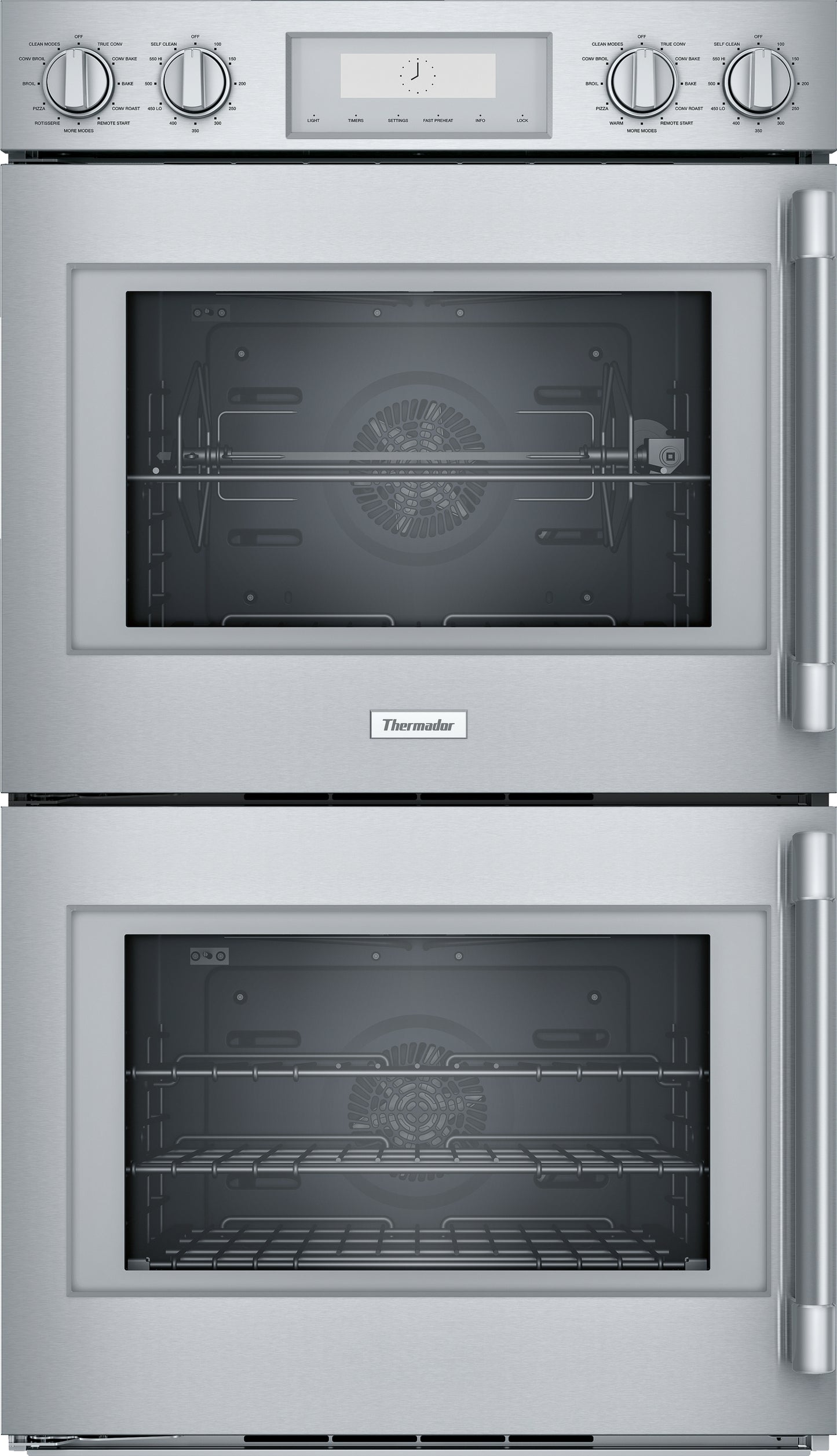 Stainless steel professional double wall oven with digital display and control knobs in modern kitchen appliances collection