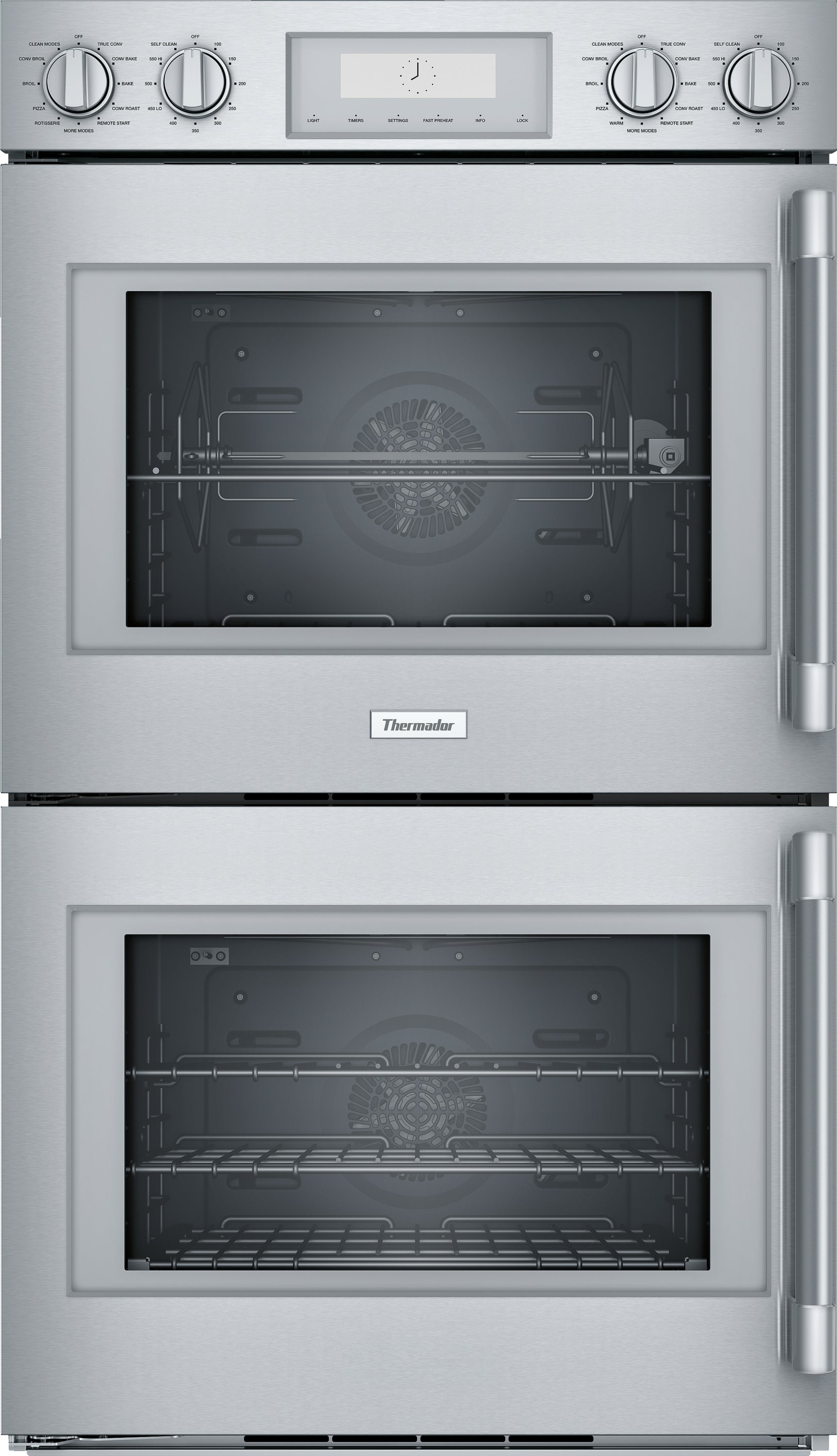 Stainless steel professional double wall oven with digital display and control knobs in modern kitchen appliances collection
