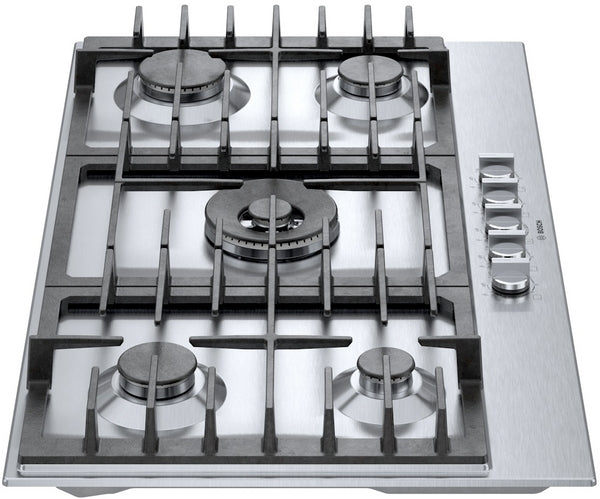 36-inch stainless steel gas cooktop with five burners and cast iron grates for modern kitchen use