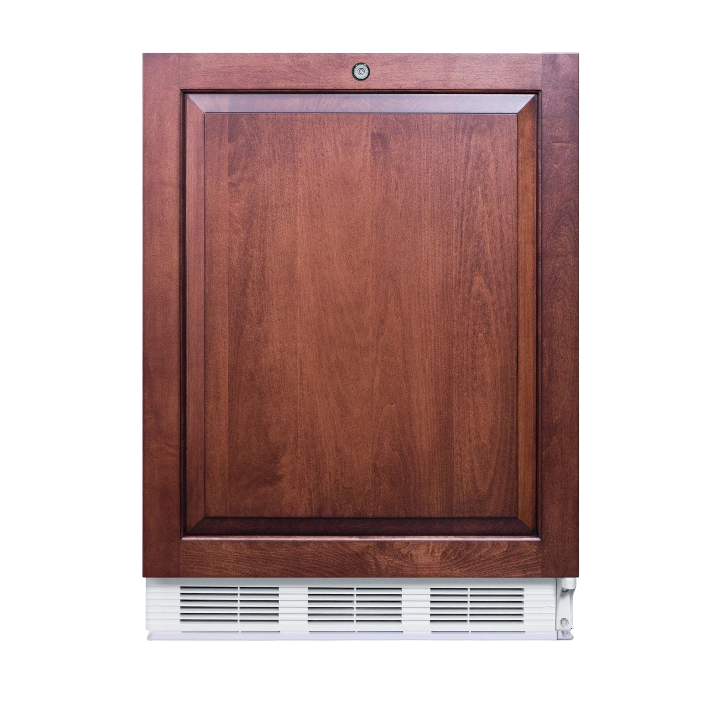 Built-in undercounter refrigerator with wooden panel door and white vent grille in kitchen appliances category