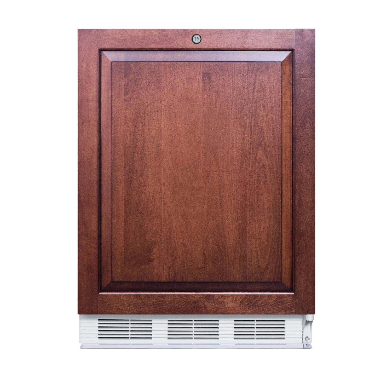 Built-in undercounter refrigerator with wooden panel door and white vent grille in kitchen appliances category