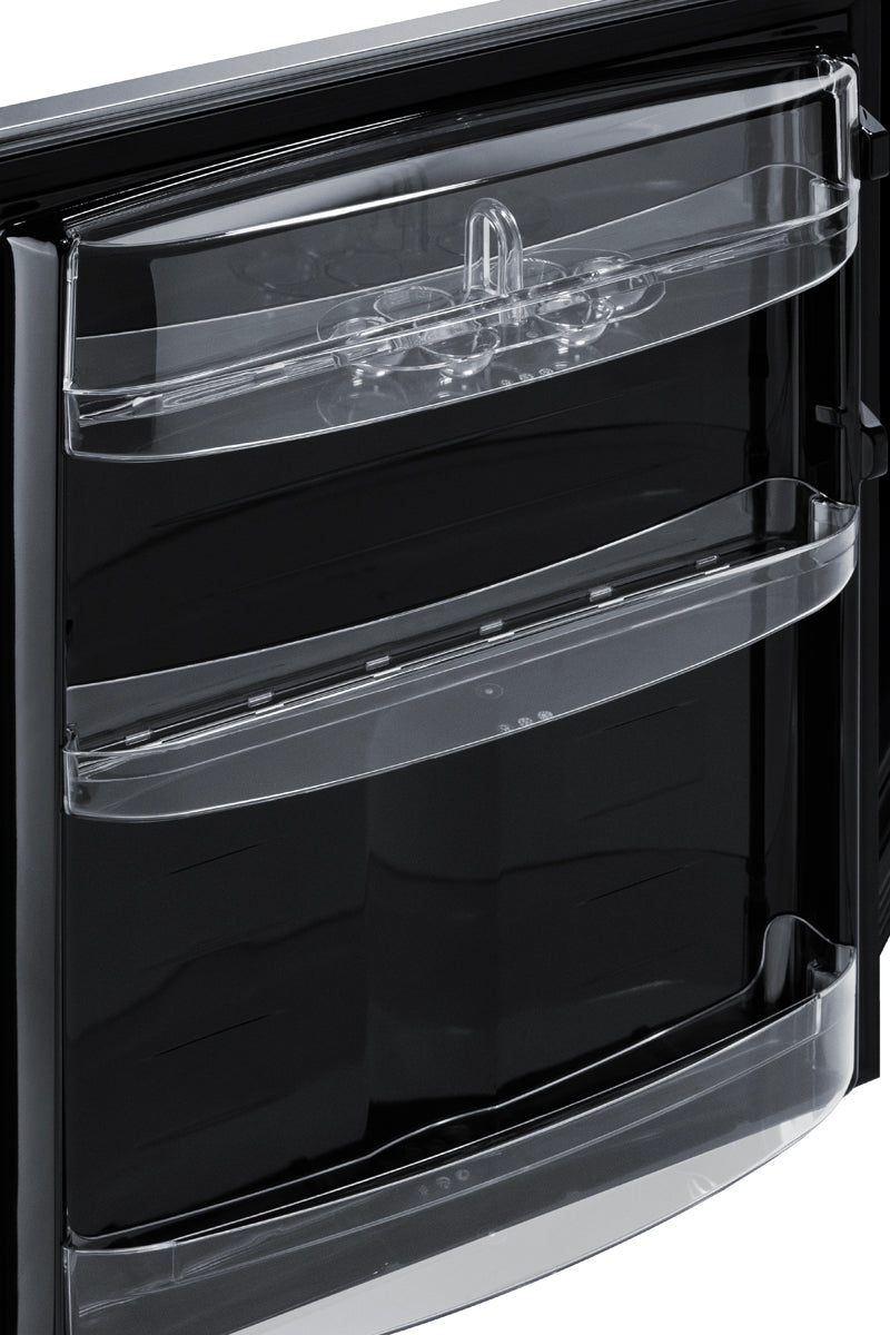 Close-up of clear plastic refrigerator door shelves with an egg holder in a black appliance interior