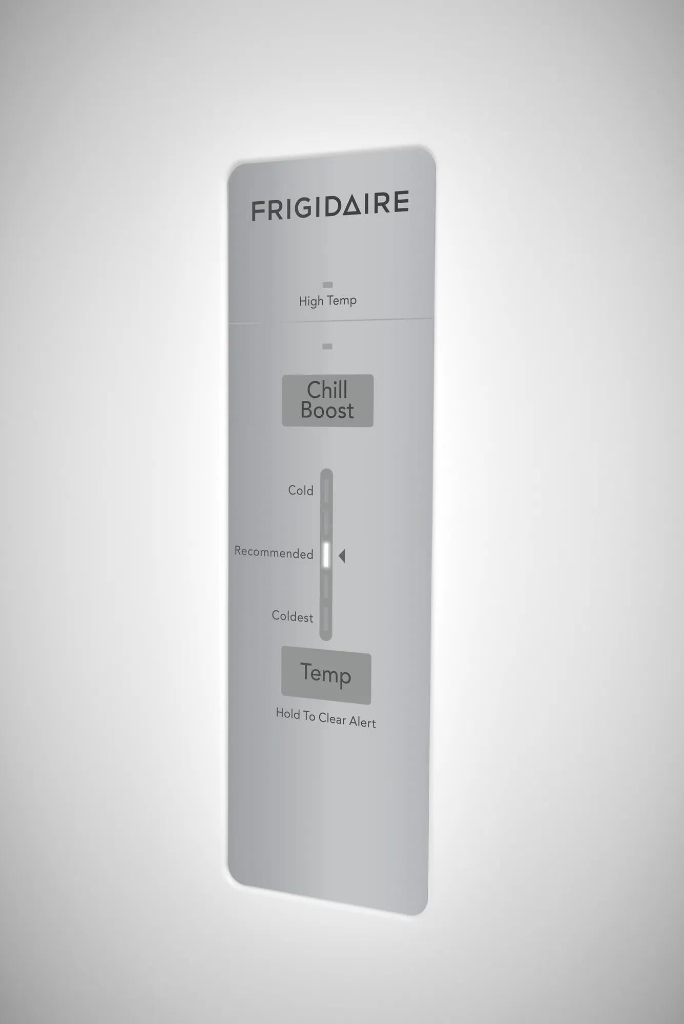 Close-up of Frigidaire refrigerator digital control panel showing temperature settings and chill boost function in appliances collection