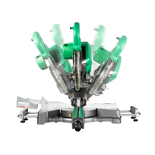 Green sliding dual compound miter saw with adjustable angles and solid base, part of power tools, woodworking tools, and rental equipment at Hartville Hardware for home improvement.