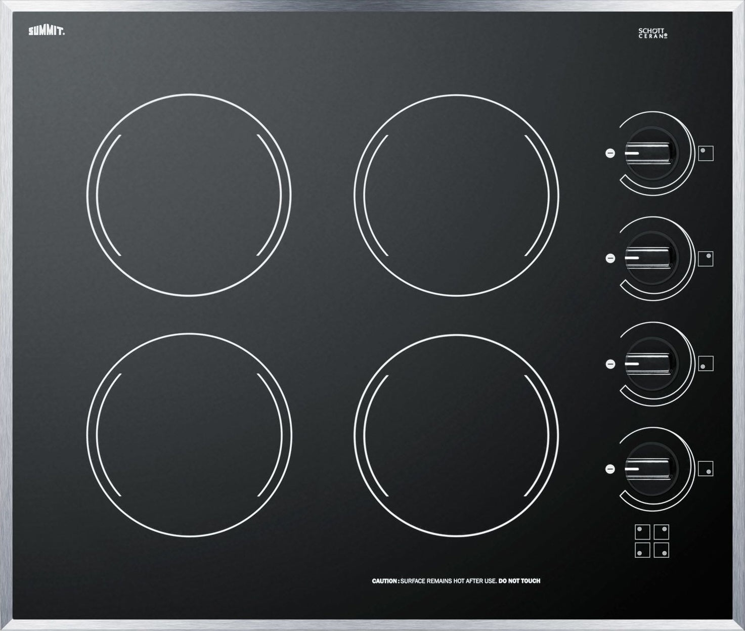 Black smooth-top 4-burner radiant cooktop with rotary controls for kitchen and home improvement use