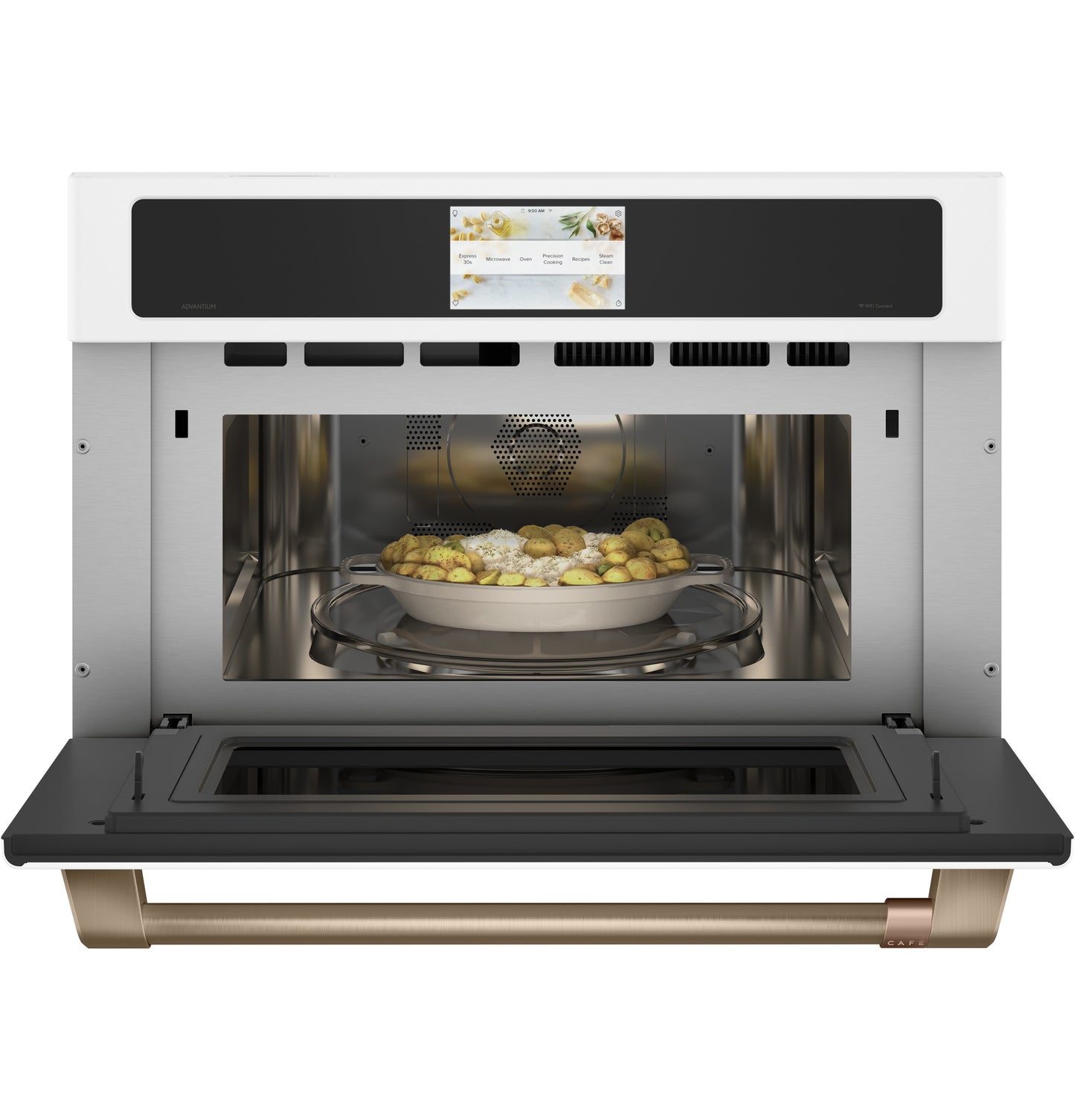 Open stainless steel kitchen speed cook oven with touchscreen control and food inside from Wall Ovens collection