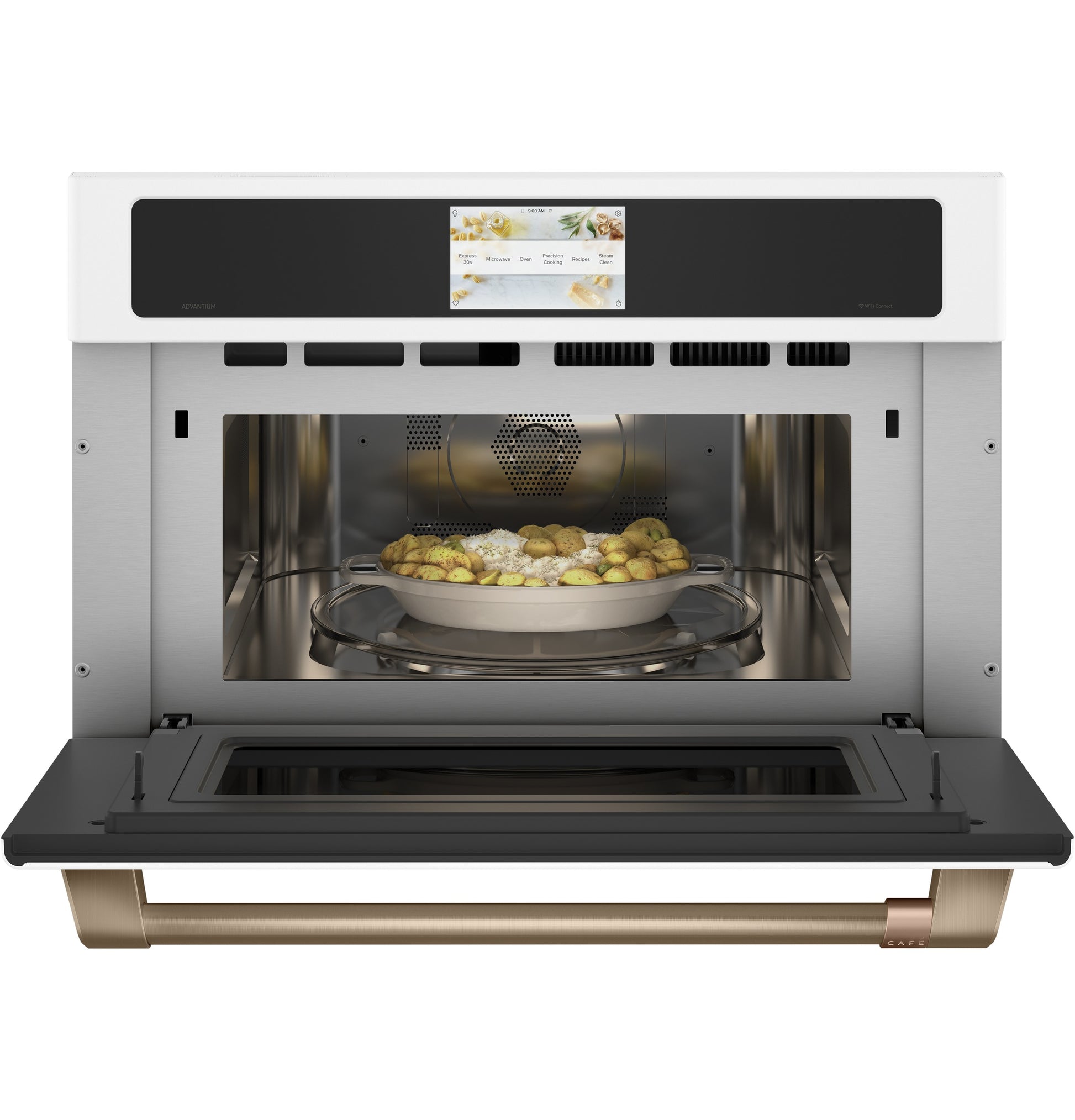 Open stainless steel kitchen speed cook oven with touchscreen control and food inside from Wall Ovens collection