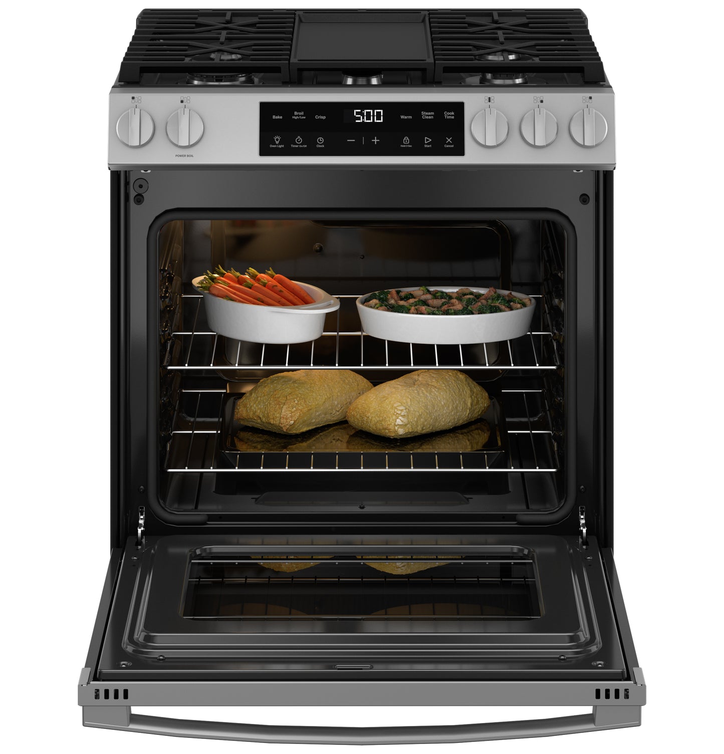 Open stainless steel gas range with front controls and dishes baking inside oven in Ranges and Appliances collections
