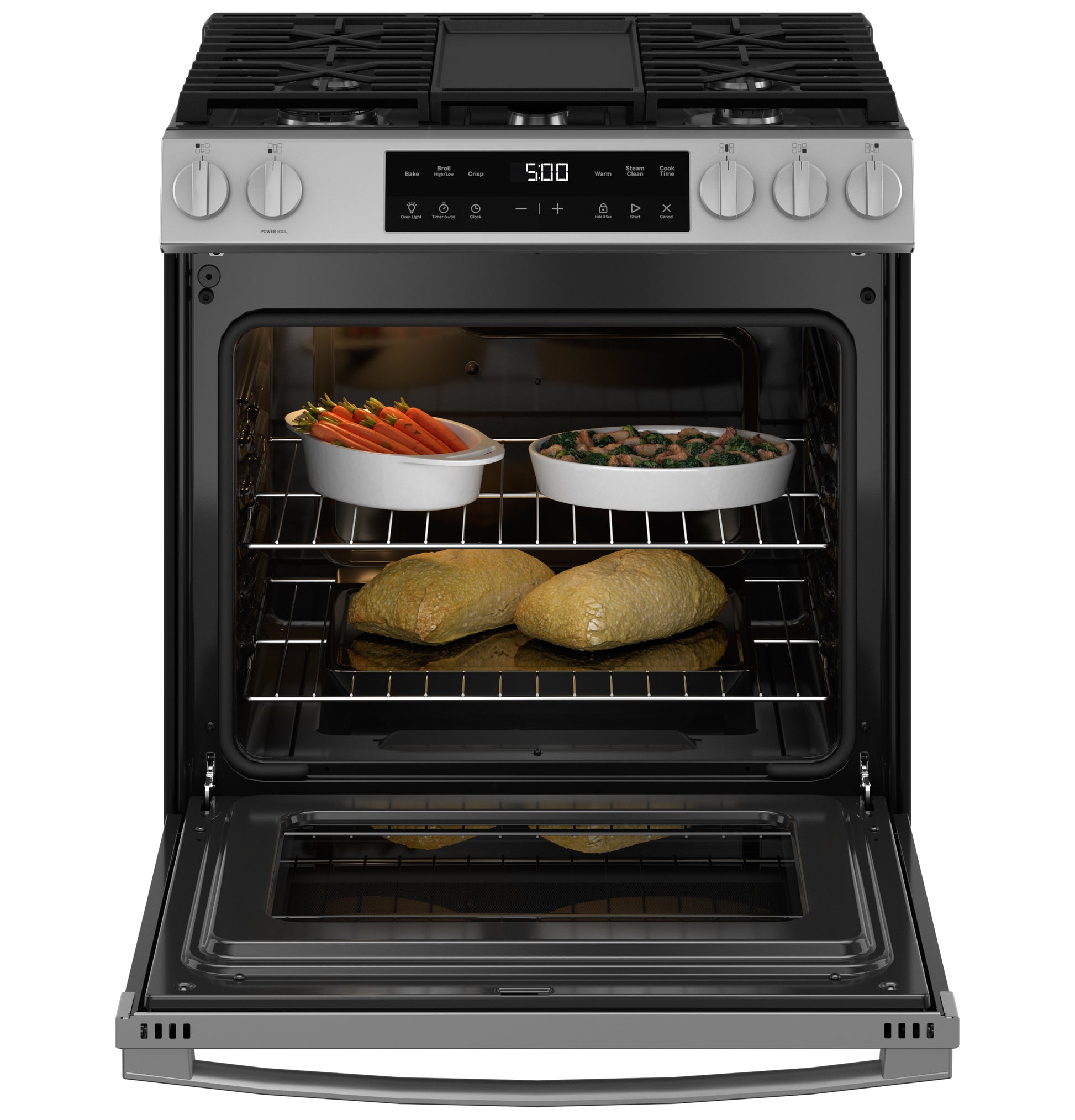 Open stainless steel gas range with front controls and dishes baking inside oven in Ranges and Appliances collections