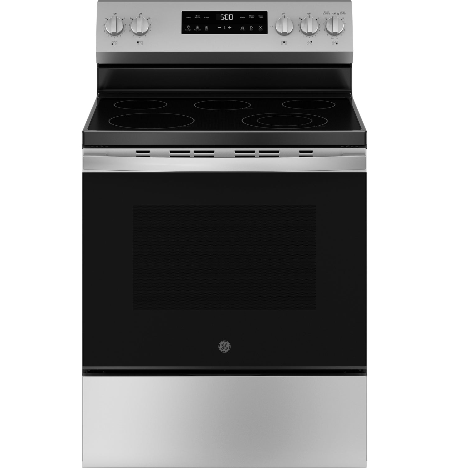 Stainless steel free-standing electric range with smooth cooktop and control knobs in kitchen appliances collection
