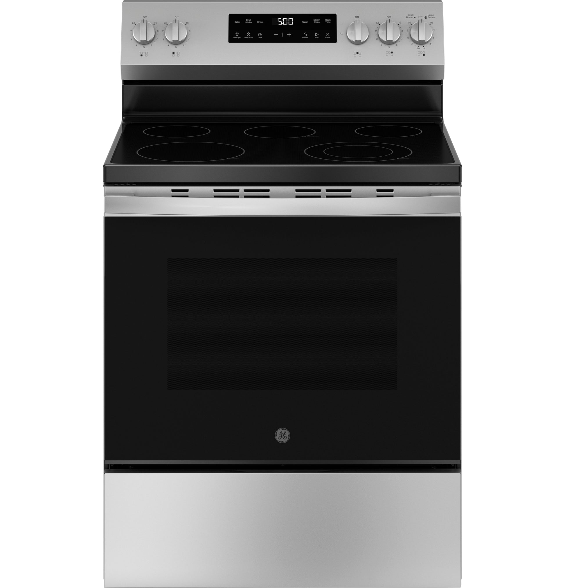 Stainless steel free-standing electric range with smooth cooktop and control knobs in kitchen appliances collection