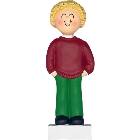 Blonde boy figurine in red sweater and green pants festive ornament for Christmas decorations under $50 collection