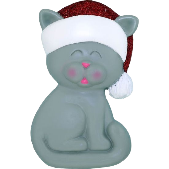 Gray cat figurine with eyes closed wearing red and white Santa hat, festive Christmas ornament under 50 dollars