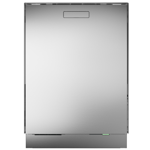 Minimalist stainless steel dishwasher front with illuminated status light in kitchen appliances and dishwashers collection