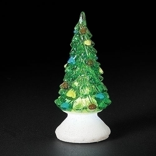 Miniature green Christmas tree with colorful ornaments and swirl design on white base for indoor holiday decor