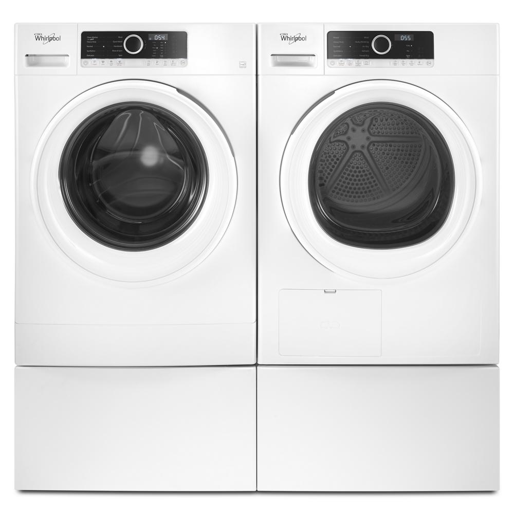 Pair of white Whirlpool front load washer and dryer units set on matching laundry pedestals in appliance parts and accessories collection