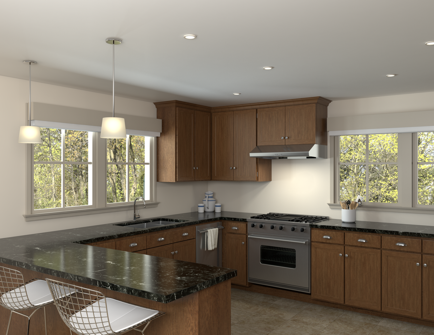 Modern kitchen featuring black under-cabinet range hood with LED lighting above stainless steel gas stove, surrounded by wood cabinetry, part of Range Hoods and Kitchen & Kitchenware collections.