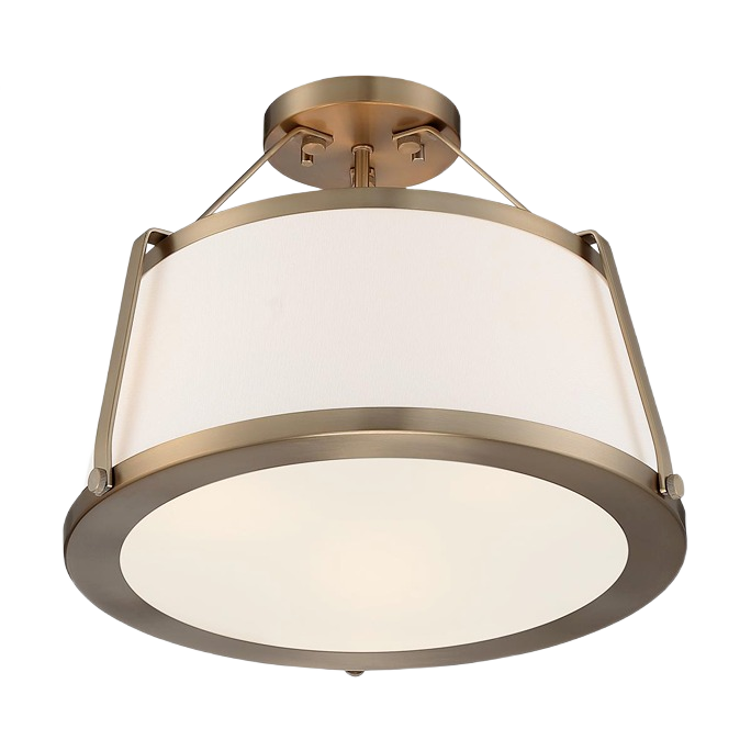 Burnished brass 3-light semi-flush ceiling fixture with fabric shade for bathroom and indoor lighting collections